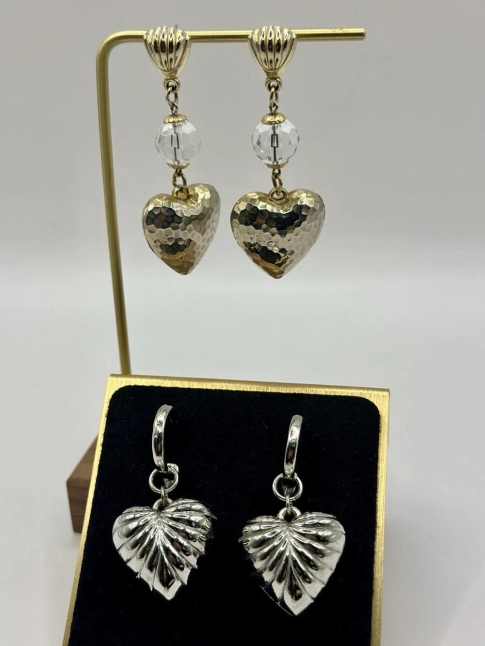 Vintage Park Lane Gold Silver Tone Puffy Heart Dangle Earrings